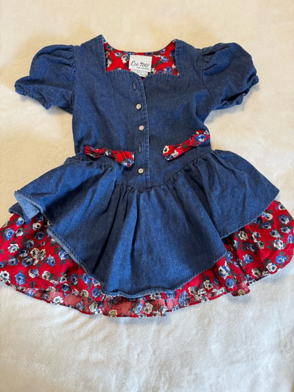 Vintage 90s Denim & Red Floral Layered Dress